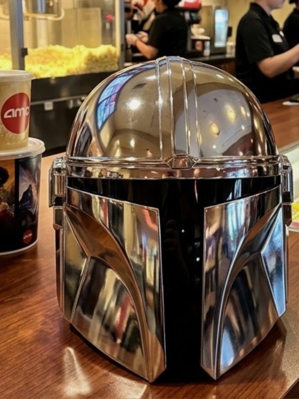 Chrome Mandalorian-Style Helmet Popcorn Bucket w/Black Visor AMC Exclusive NWT